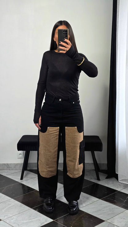 Jean Patchwork – Détails Pied-de-Poule & Coupe Large