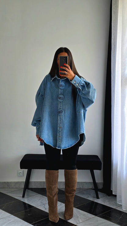 Veste Chemise Oversize en Denim Clair – Boutons Pression