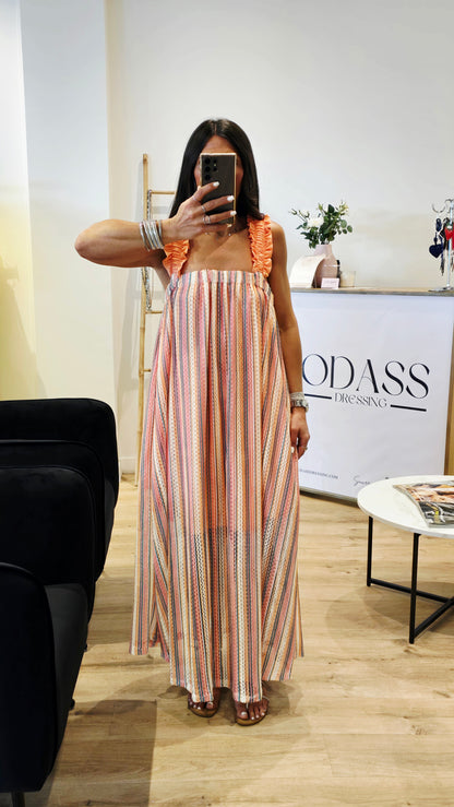 Robe longue multicolore à bretelles smockées