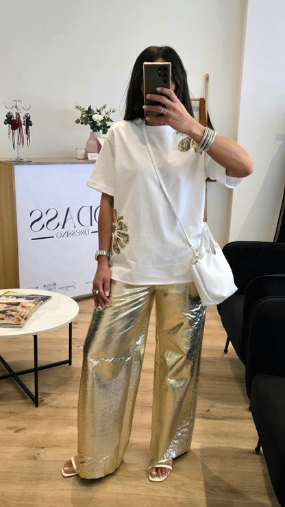 T-shirt Blanc 100% Coton Avec Patchs Sequins Dorés